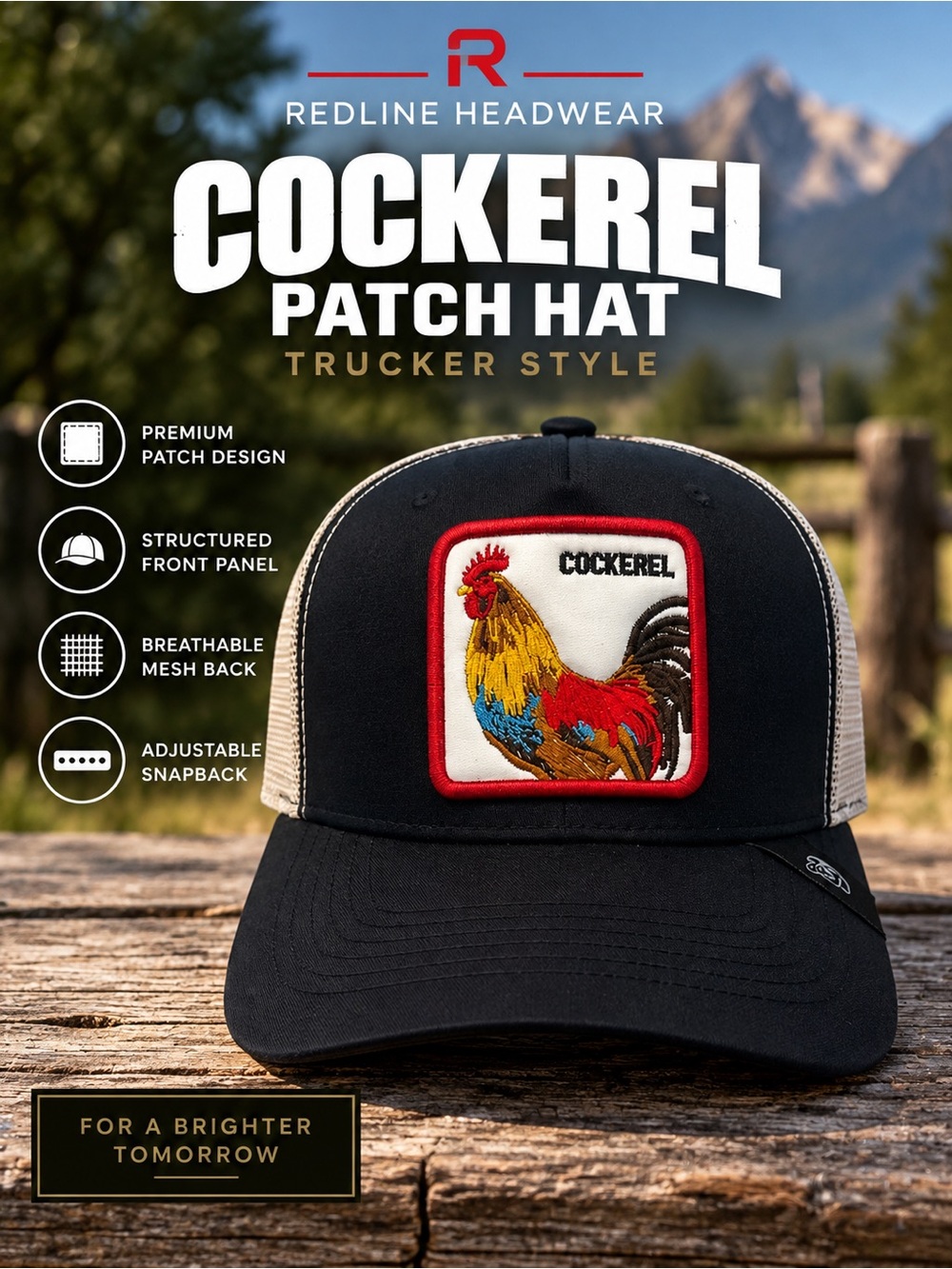 Cockerel Rooster Patch Trucker Hat Black Navy Red Embroidered Snapback